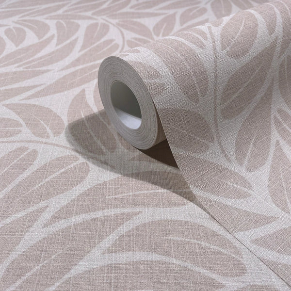 Marburg Boho 35795 Wallpaper roll resting on a matching unrolled sheet showing a large stylized leaf pattern in beige and off-white with a subtle crosshatch texture.