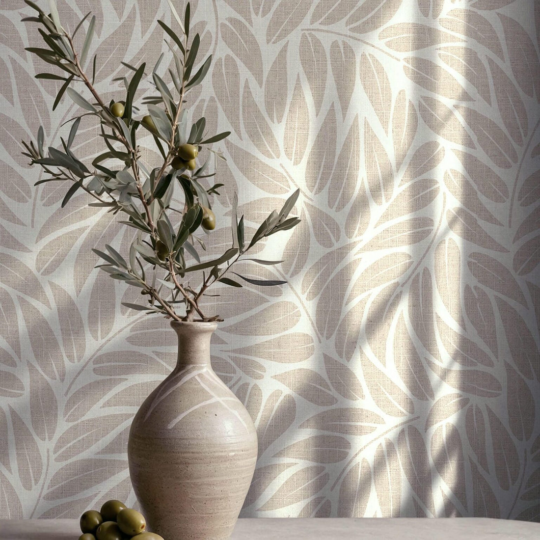 Marburg Boho 35795 beige leafy wallpaper with a linen-look texture