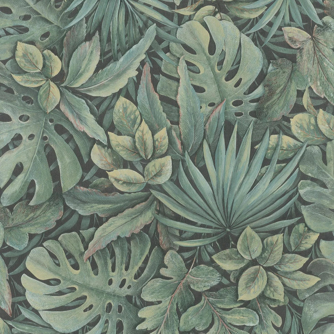 Marburg Botanica 33304 wallpaper with dense tropical olive-green leaves on a dark ground.