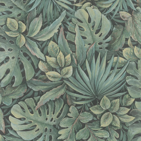 Marburg Botanica 33304 wallpaper with dense tropical olive-green leaves on a dark ground.
