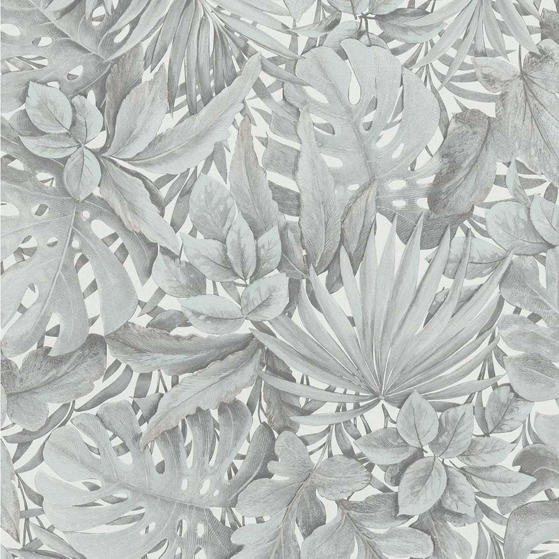 Marburg Botanica 33306 neutral grey leafy botanical wallpaper with layered palm and monstera leaves