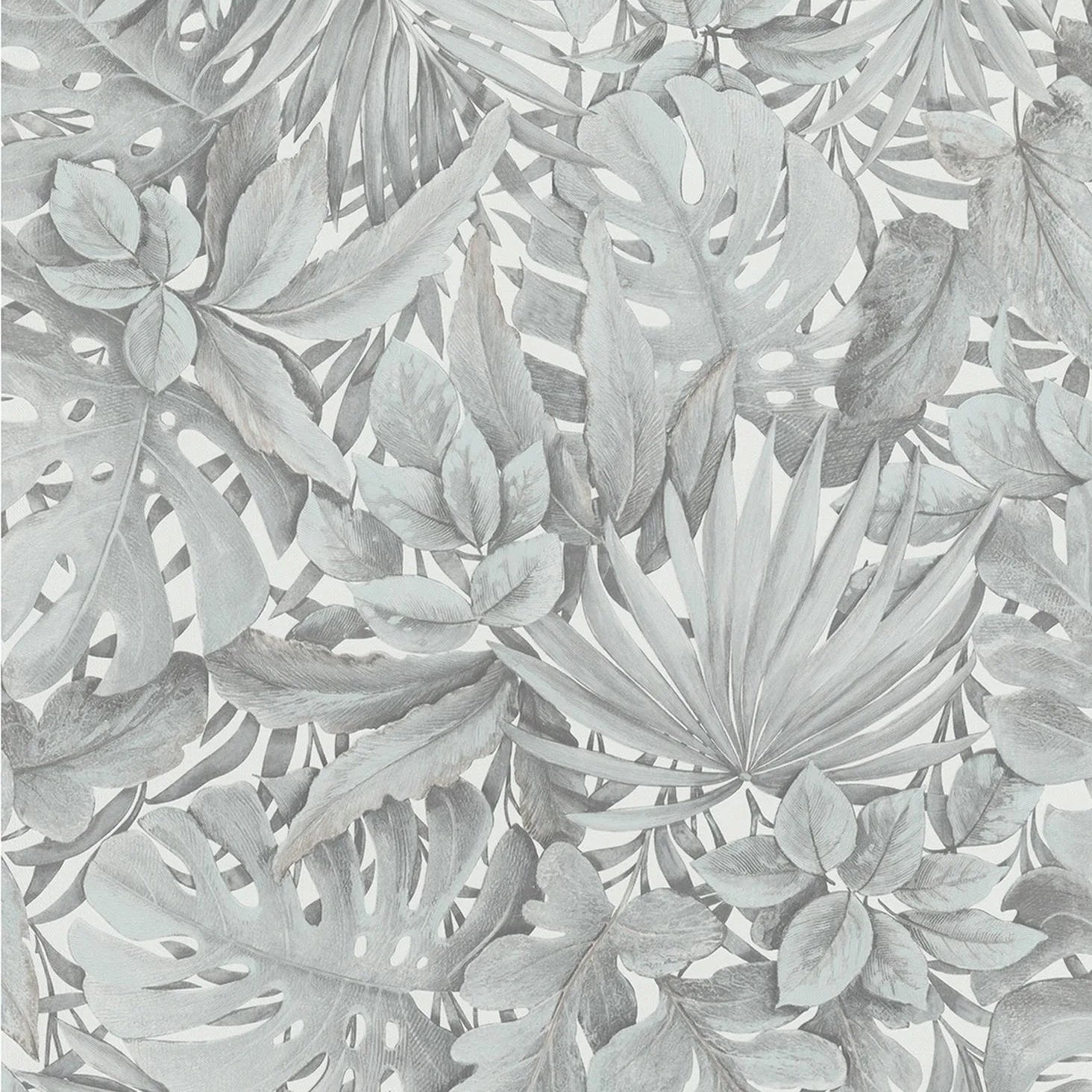 Marburg Botanica 33306 neutral grey leafy botanical wallpaper with layered palm and monstera leaves