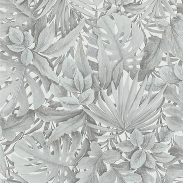 Marburg Botanica 33306 neutral grey leafy botanical wallpaper with layered palm and monstera leaves