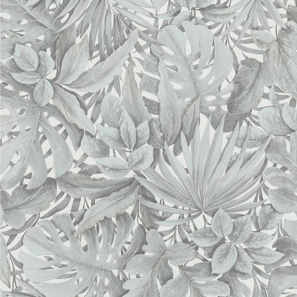 Marburg Botanica 33306 neutral grey leafy botanical wallpaper with layered palm and monstera leaves