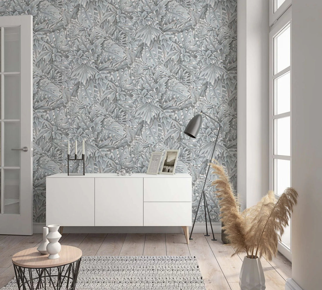 Marburg Botanica 33306 neutral grey leafy botanical wallpaper with layered palm and monstera leaves