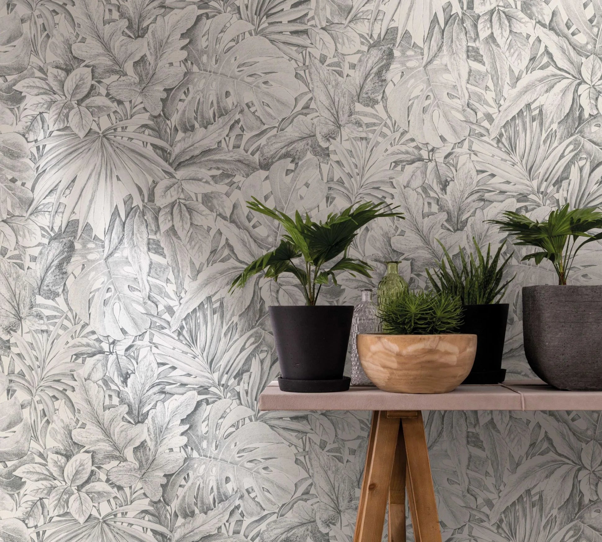 Marburg Botanica 33308 Gray tropical leaf wallpaper behind a small console table styled with potted plants, a wooden bowl, and glass bottles.