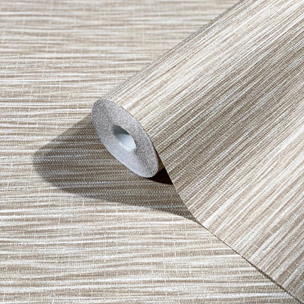Marburg Botanica 33316 A beige wallpaper roll with irregular horizontal striated lines, shown partially unrolled on the same pattern.