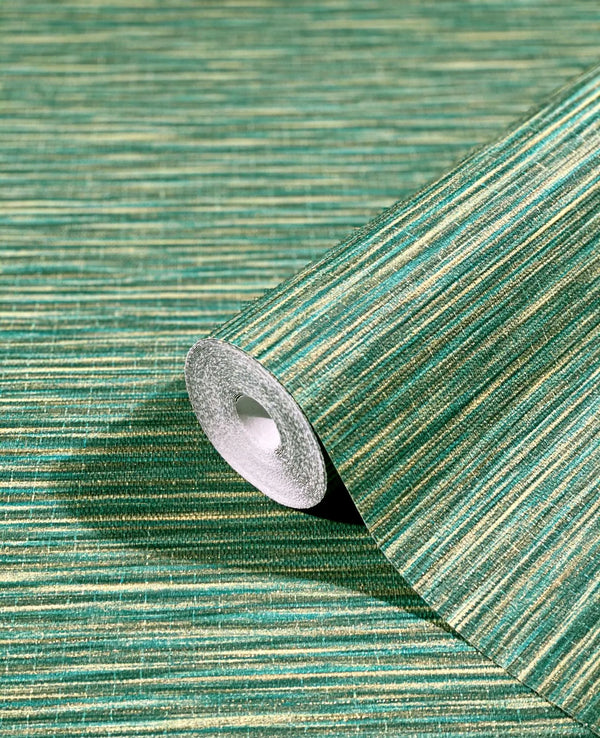 Marburg Botanica 33317 Close-up of a green horizontally striped wallpaper shown as a partially unrolled roll resting on the matching patterned surface.