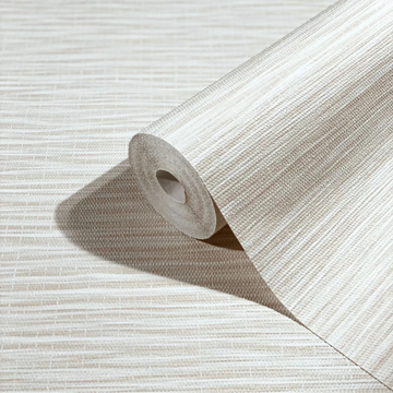 Marburg Botanica 33318 Close-up of a wallpaper roll resting on a matching unrolled surface, showing a beige and white linear textured pattern with horizontal striations.