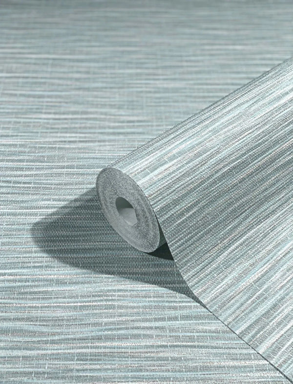 Marburg Botanica 33321 Close-up of a wallpaper roll with horizontal striated texture in light green and white, partially unrolled on the same pattern.