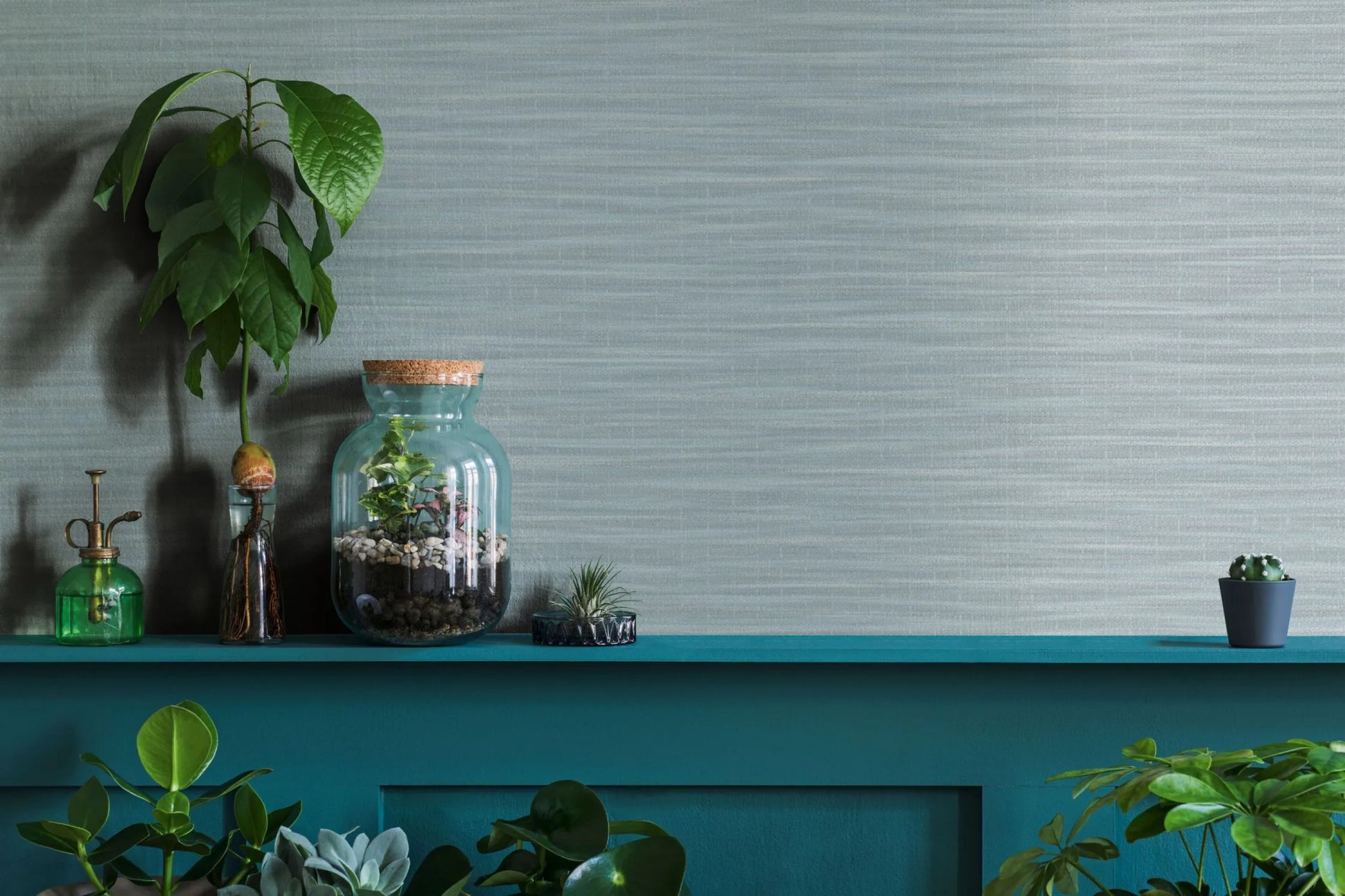 Marburg Botanica 33321 Muted green wallpaper with a fine horizontal strie texture behind a teal shelf styled with a glass terrarium, a green plant mister, a glass bottle with a plant cutting, a small air plant, and a tiny potted cactus, with leafy plants at the bottom edge.