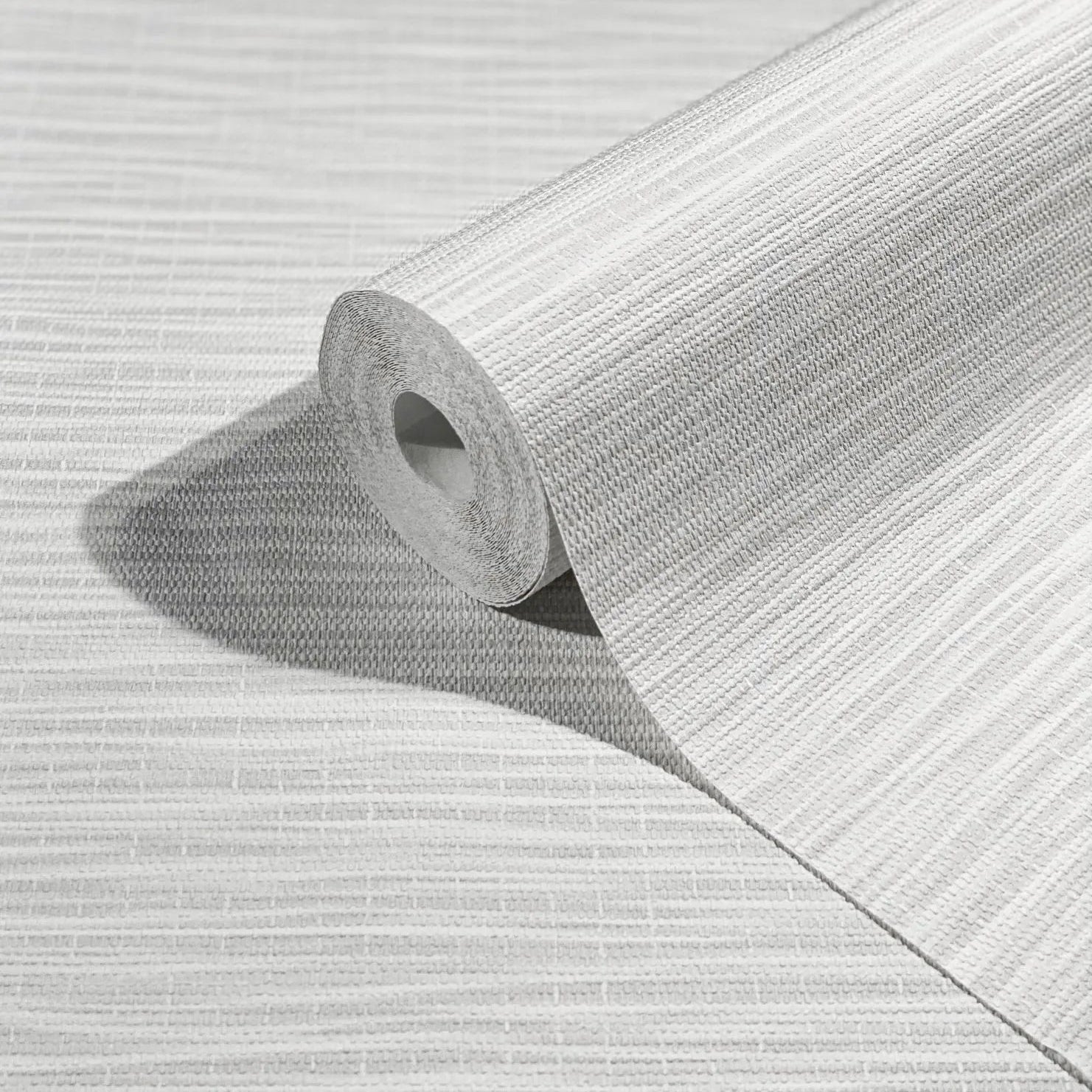 Marburg Botanica 33322 Wallpaper roll with fine gray and white horizontal textured lines shown on a matching unrolled sheet.