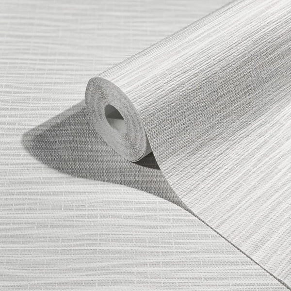 Marburg Botanica 33322 Wallpaper roll with fine gray and white horizontal textured lines shown on a matching unrolled sheet.