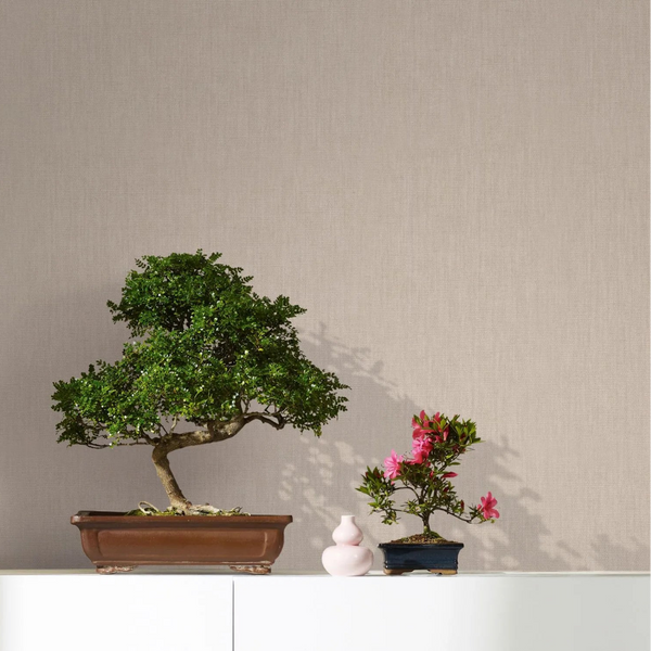 Marburg Botanica 33327 Beige linen-texture wallpaper behind two bonsai plants on a white cabinet, with a small pink vase.