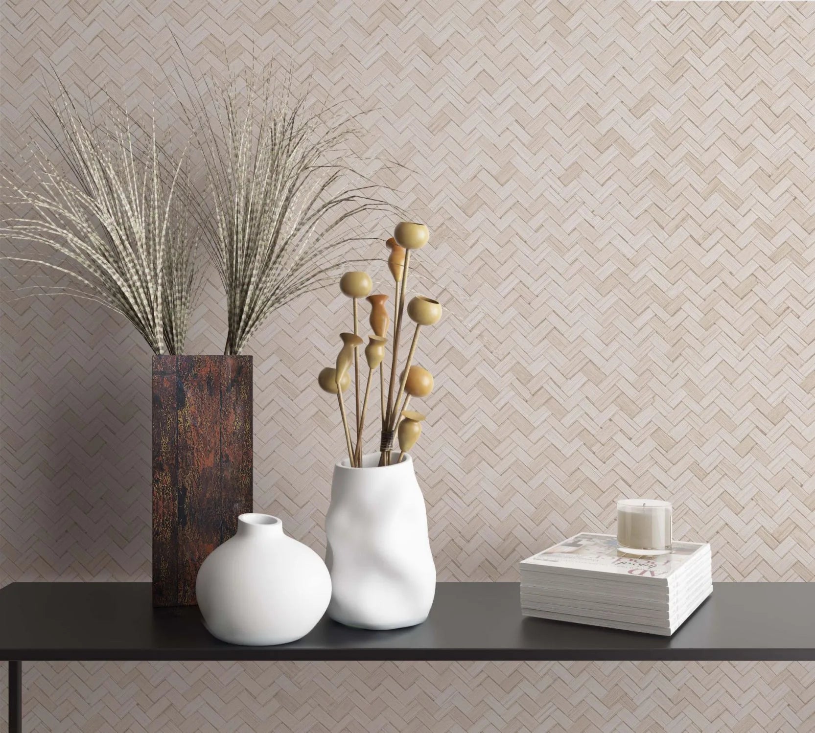 Marburg Botanica 33333 Tonal beige small-scale herringbone pattern formed by narrow rectangular strokes with subtle texture wallpaper shown in a styled detail.