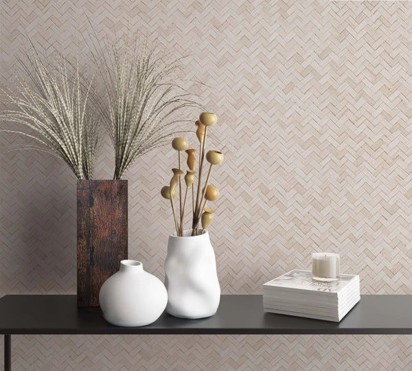 Marburg Botanica 33333 Tonal beige small-scale herringbone pattern formed by narrow rectangular strokes with subtle texture wallpaper shown in a styled detail.