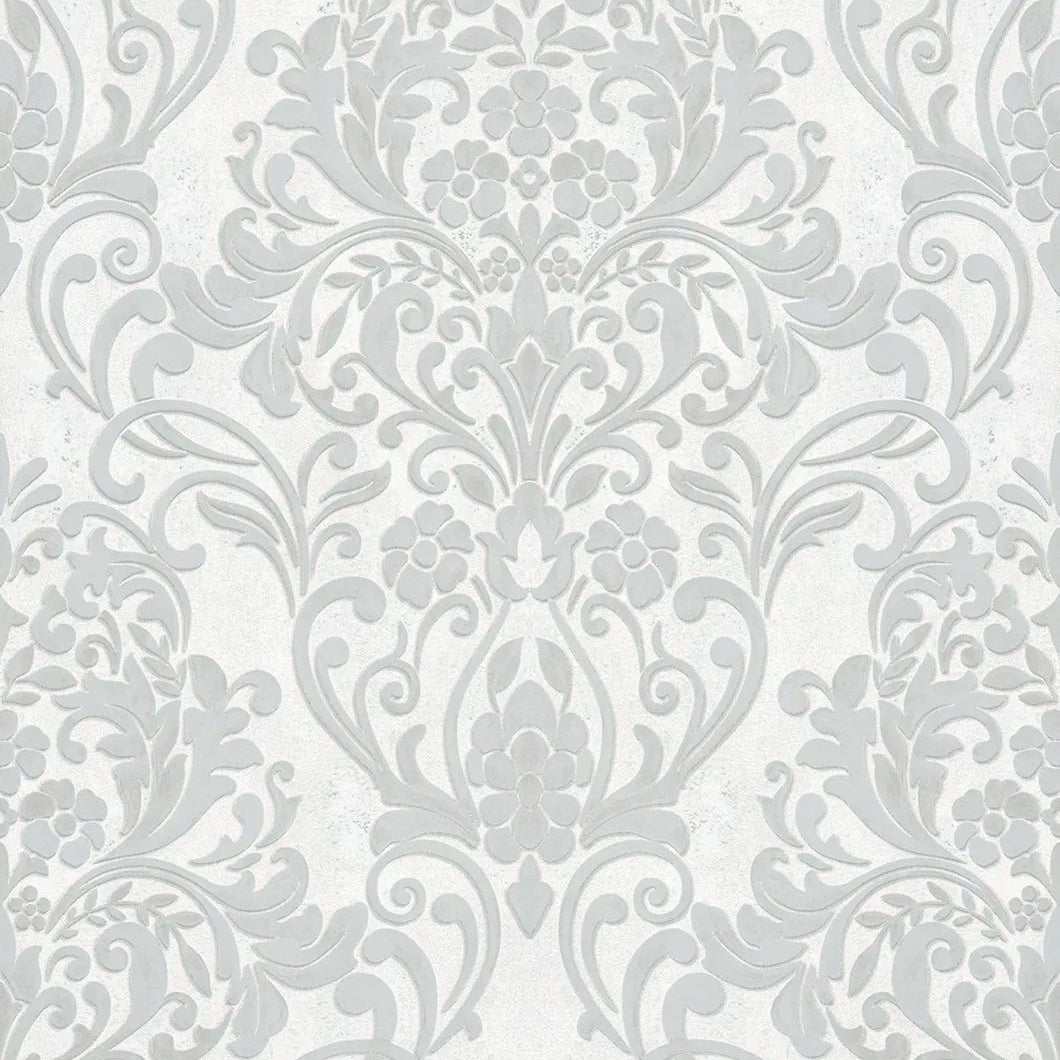 Marburg City Glam 32602 light grey damask wallpaper with floral scrolls on a soft white background