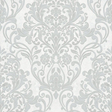Marburg City Glam 32602 light grey damask wallpaper with floral scrolls on a soft white background