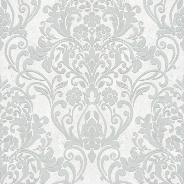 Marburg City Glam 32602 light grey damask wallpaper with floral scrolls on a soft white background