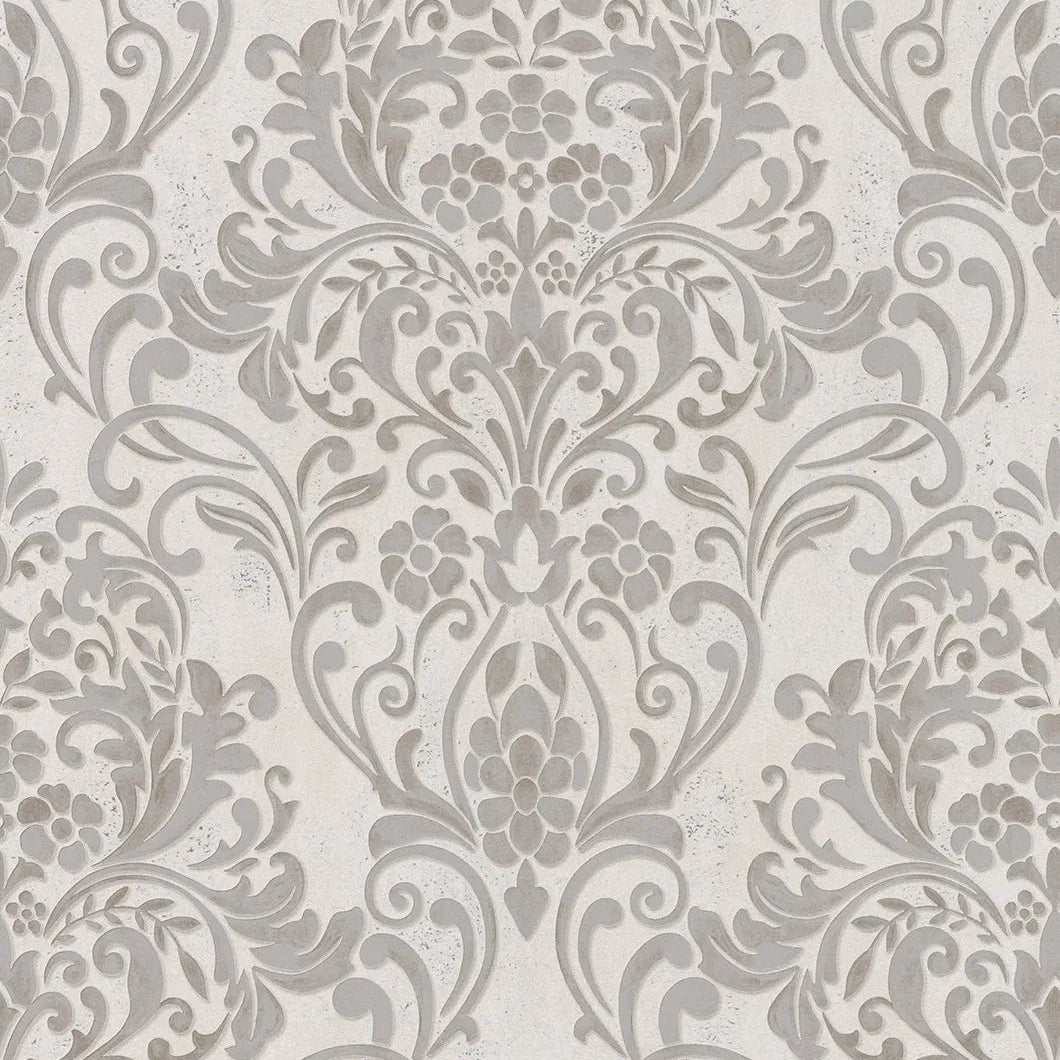 Marburg City Glam 32603 grey damask wallpaper on a light stone-look ground.