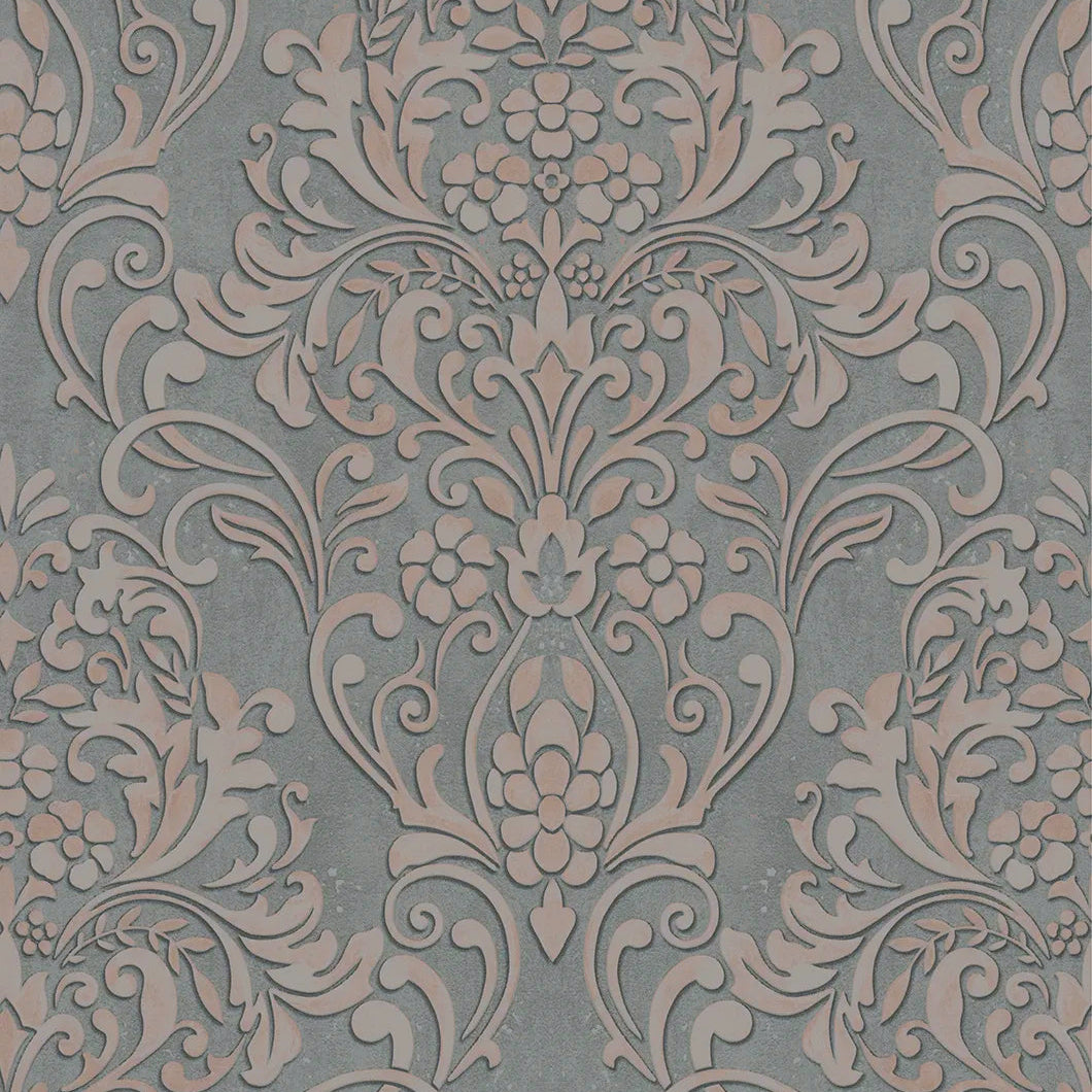 Marburg City Glam 32604 grey ornamental damask wallpaper with soft blush accents on a stone-look ground.