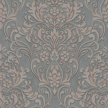 Marburg City Glam 32604 grey ornamental damask wallpaper with soft blush accents on a stone-look ground.