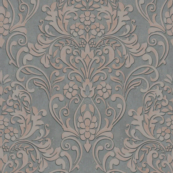 Marburg City Glam 32604 grey ornamental damask wallpaper with soft blush accents on a stone-look ground.
