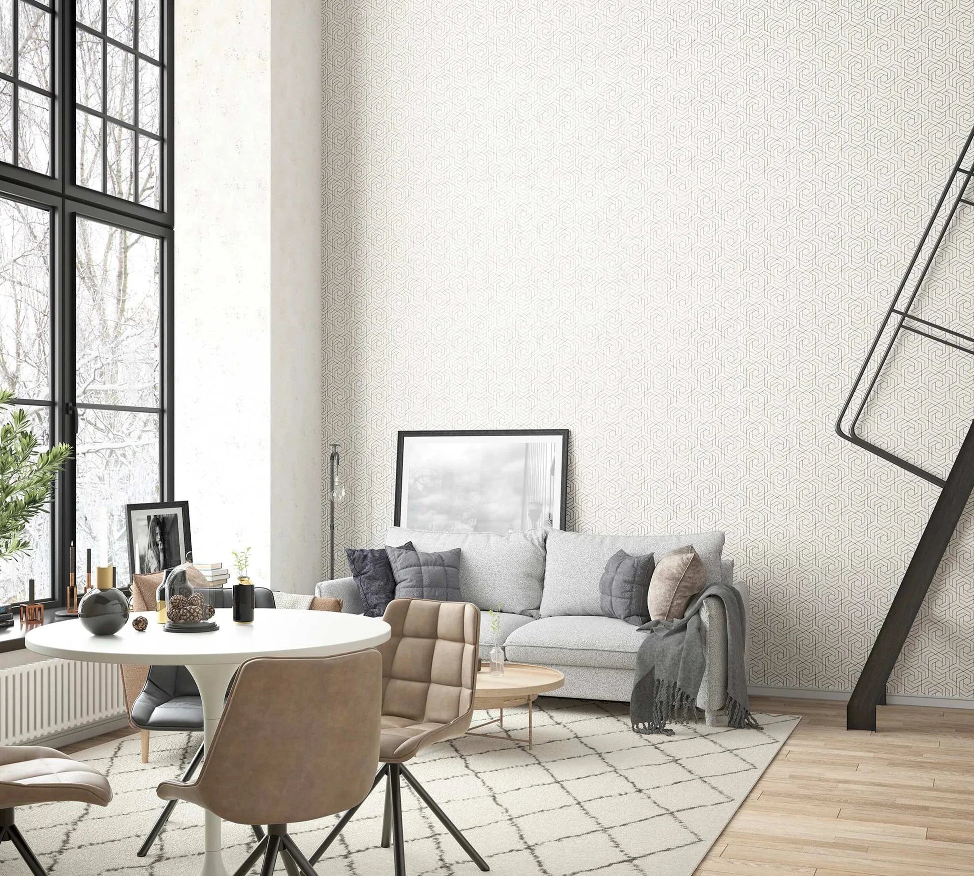 Marburg City Glam 32608 Tall living room featuring light geometric patterned wallpaper beside large black-framed windows, with a gray sofa, round white dining table and chairs, a rug, and a black metal loft ladder.