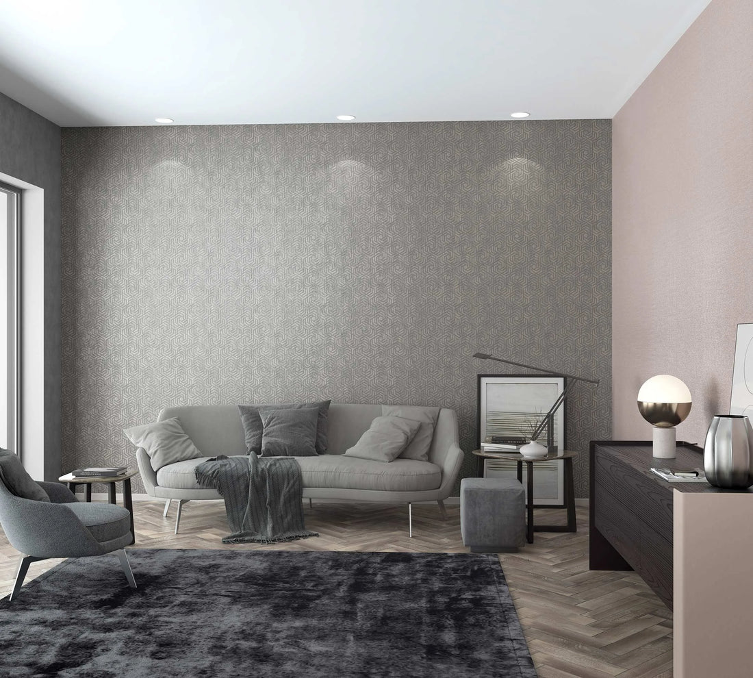 Marburg City Glam 32609 geometric grey wallpaper with polygonal lattice on a stone-like ground.
