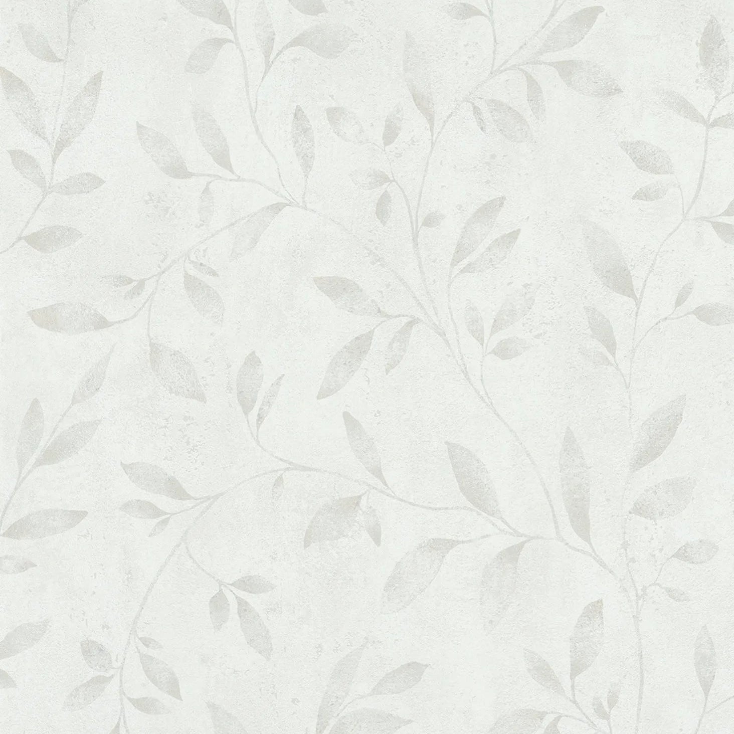 Marburg City Glam 32632 soft white wallpaper with delicate light grey vine leaves on a subtle plaster-like ground.