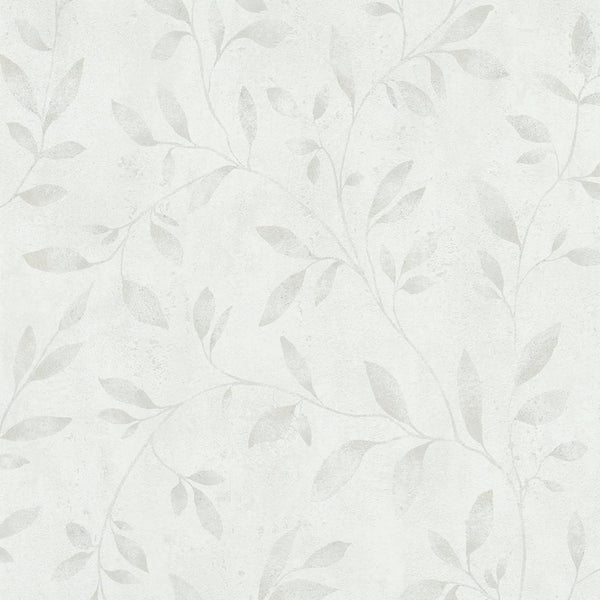 Marburg City Glam 32632 soft white wallpaper with delicate light grey vine leaves on a subtle plaster-like ground.