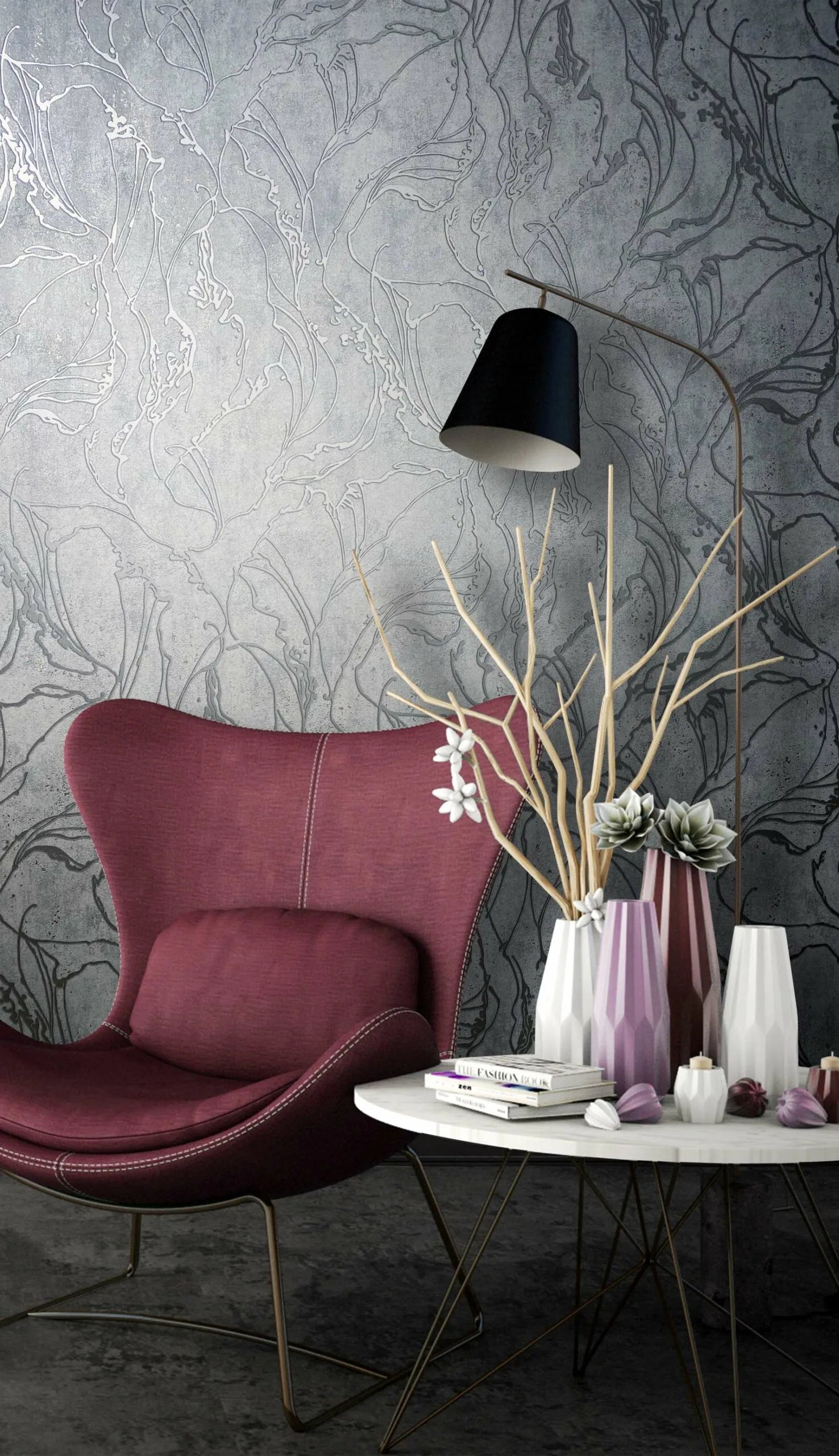 Marburg City Glow 34254 Mottled gray ground with large flowing abstract botanical linework in darker gray; oversized organic wallpaper on a living room feature wall.