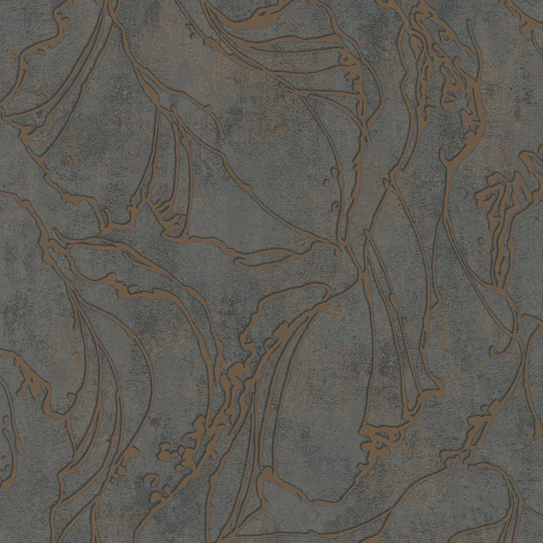 Marburg City Glow 34256 wallpaper with charcoal grey stone-like ground and flowing copper abstract linework.