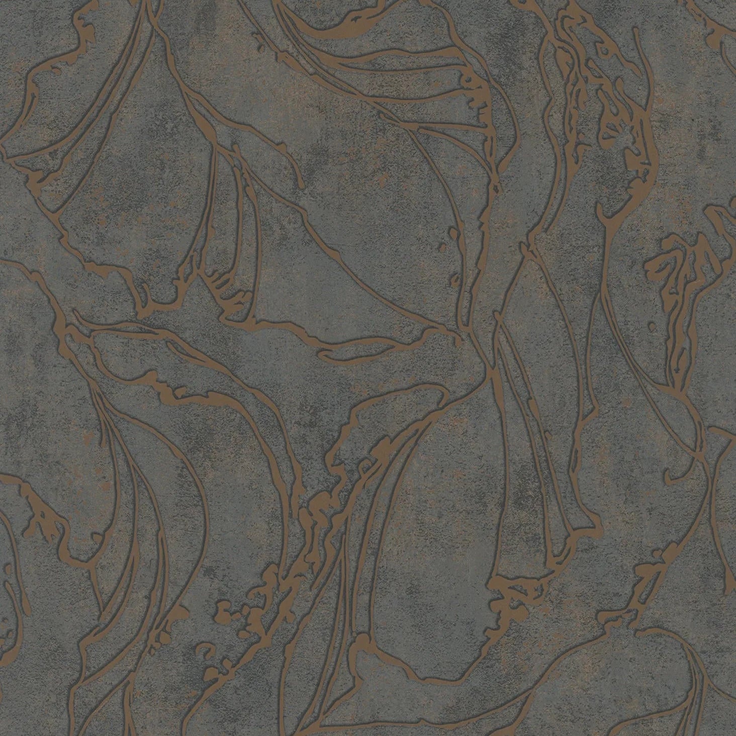 Marburg City Glow 34256 wallpaper with charcoal grey stone-like ground and flowing copper abstract linework.
