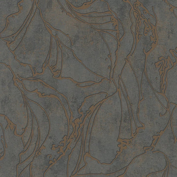 Marburg City Glow 34256 wallpaper with charcoal grey stone-like ground and flowing copper abstract linework.