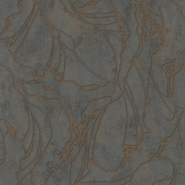 Marburg City Glow 34256 wallpaper with charcoal grey stone-like ground and flowing copper abstract linework.