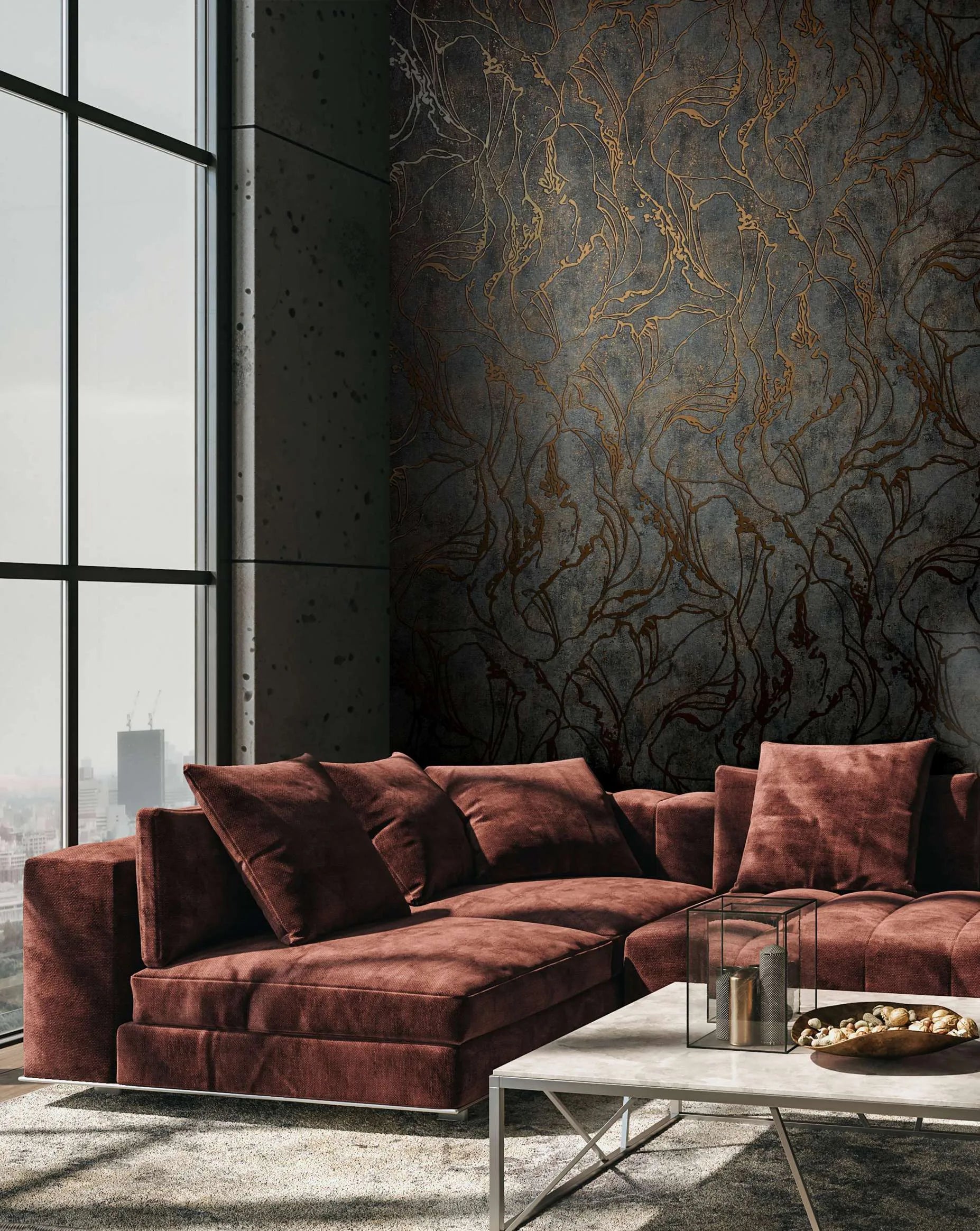 Marburg City Glow 34256 Dark charcoal wallpaper with copper-toned flowing vein pattern behind a brown sectional sofa, a large window wall, and a coffee table with decor.