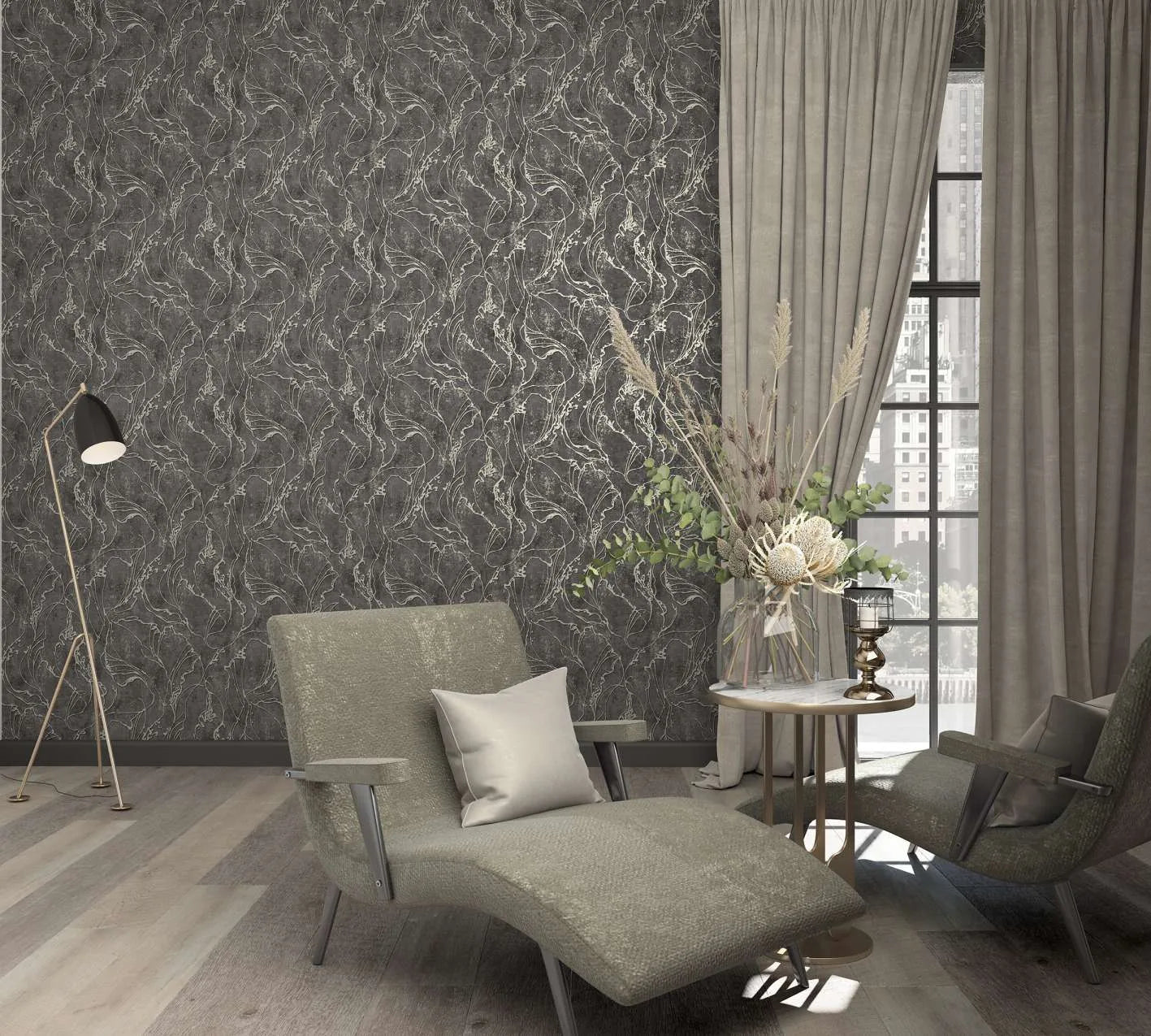 Marburg City Glow 34257 Dark charcoal wallpaper with gold‑toned swirling lines shown in a living room with a chaise and armchair, a side table holding a floral arrangement, a floor lamp, and tall curtains by a window.