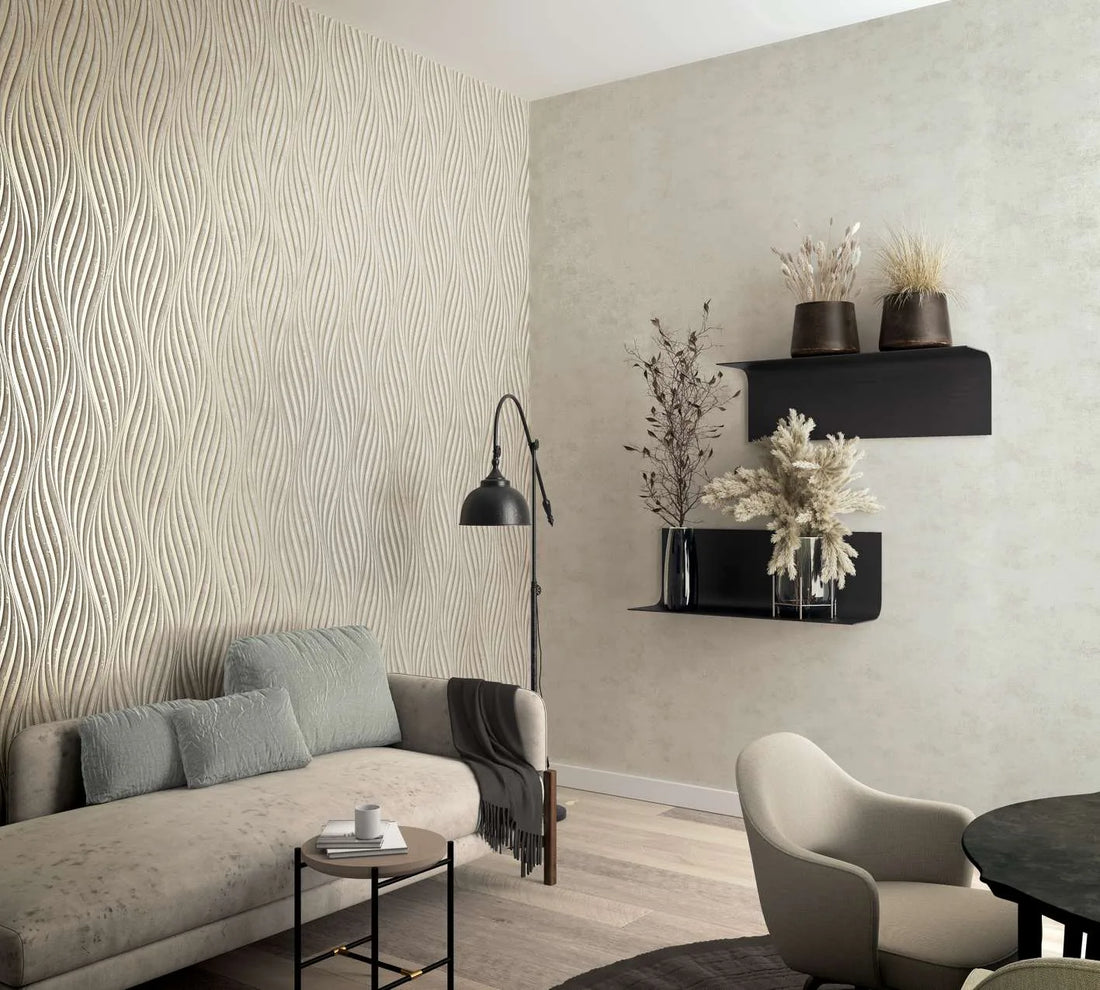 Marburg City Glow 34259 greige wave stripe wallpaper with undulating vertical bands