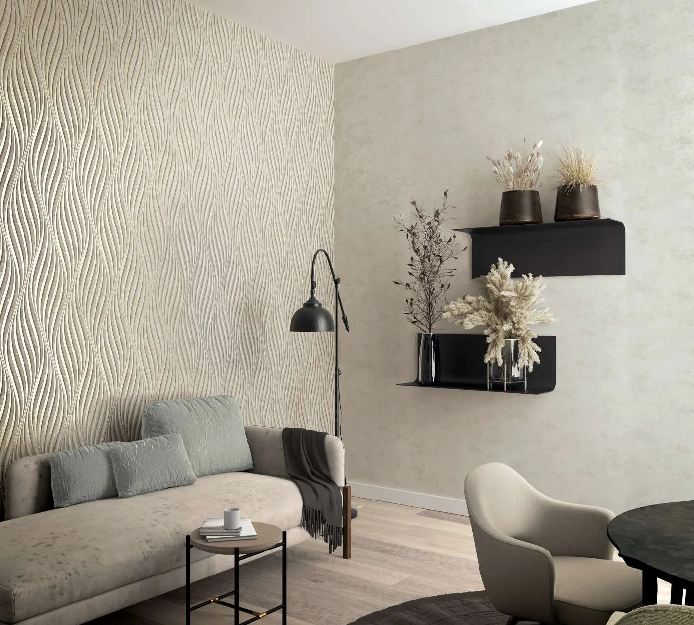 Marburg City Glow 34259 Living room corner with beige wavy textured wallpaper on the left wall beside a light neutral wall, shown with a sofa, floor lamp, floating shelves with dried florals, a small side table, and an armchair.