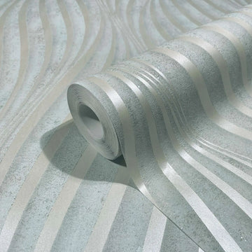 Marburg City Glow 34260 A wallpaper roll with shimmering wavy stripes in light gray on a textured gray ground, shown partially unrolled.