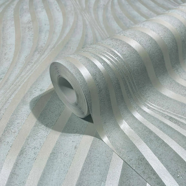 Marburg City Glow 34260 A wallpaper roll with shimmering wavy stripes in light gray on a textured gray ground, shown partially unrolled.