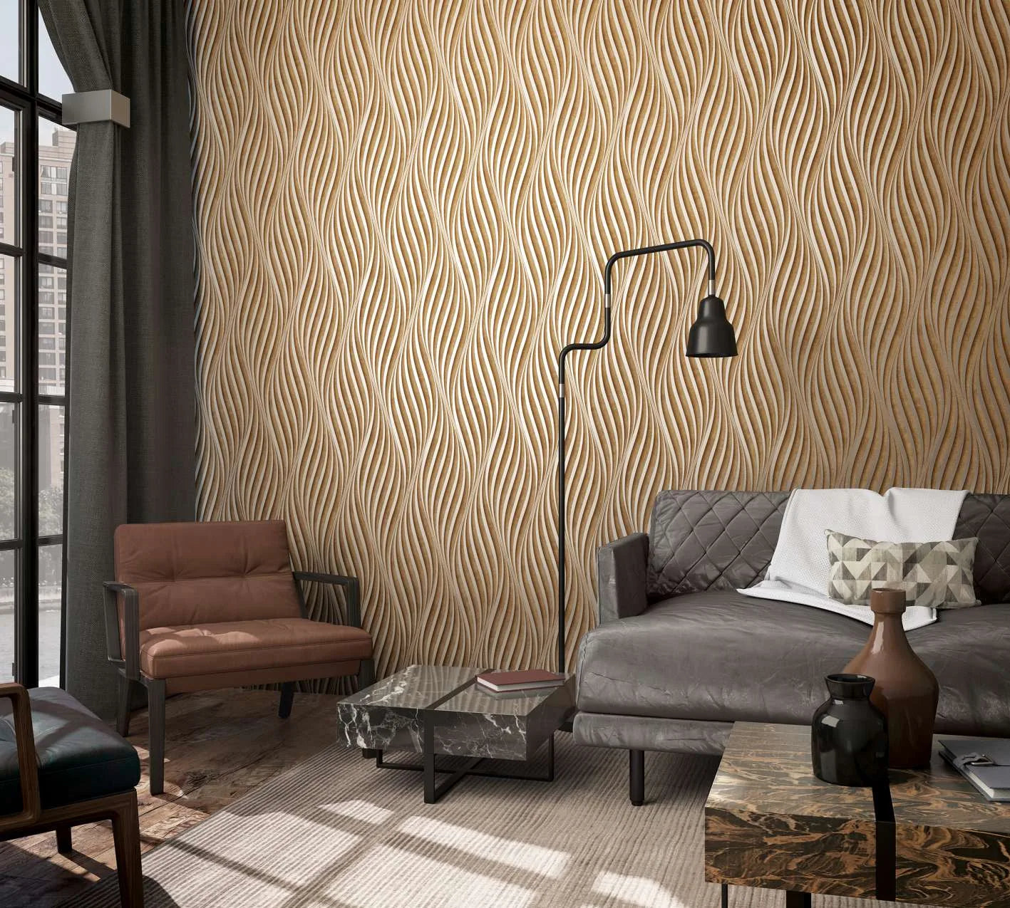Marburg City Glow 34262 Dimensional wavy ribbon pattern in brown and beige creating a sculpted effect wallpaper on a living room feature wall.