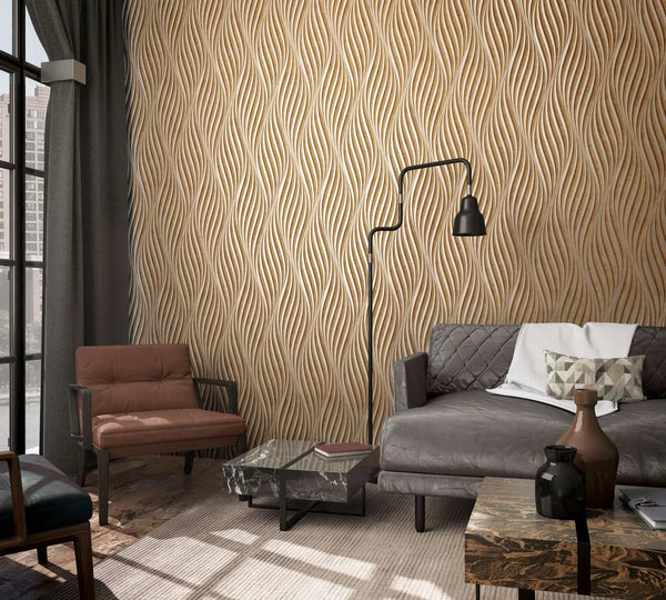 Marburg City Glow 34262 Dimensional wavy ribbon pattern in brown and beige creating a sculpted effect wallpaper on a living room feature wall.