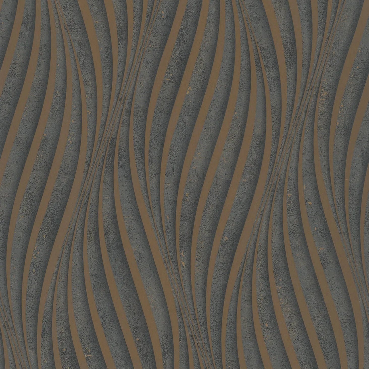 Marburg City Glow 34263 wallpaper with charcoal grey ground and copper-toned vertical wave stripes.