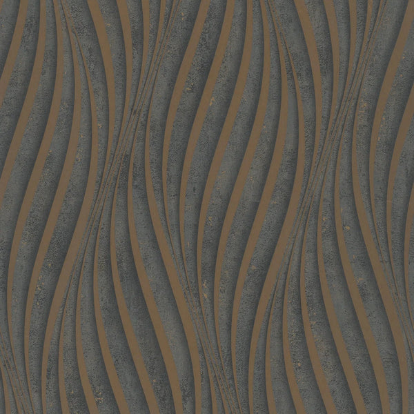 Marburg City Glow 34263 wallpaper with charcoal grey ground and copper-toned vertical wave stripes.