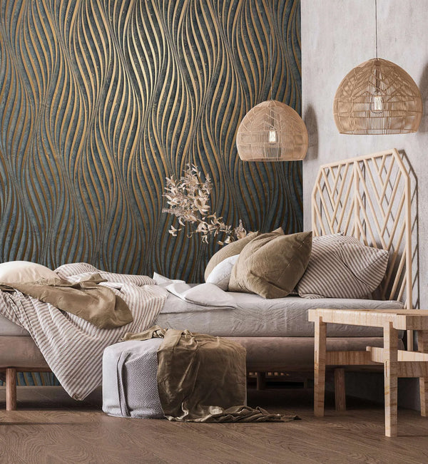 Marburg City Glow 34263 Bedroom scene featuring a dark wallpaper with vertical copper wave lines behind the bed, with woven pendant lights, pillows, and neutral bedding in view.