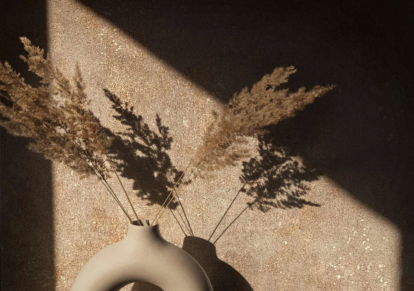 Marburg City Glow 34269 Close-up of beige-brown speckled wallpaper lit by a beam of sunlight, with a sculptural ring-shaped ceramic vase holding dried grasses that cast soft shadows on the wall.
