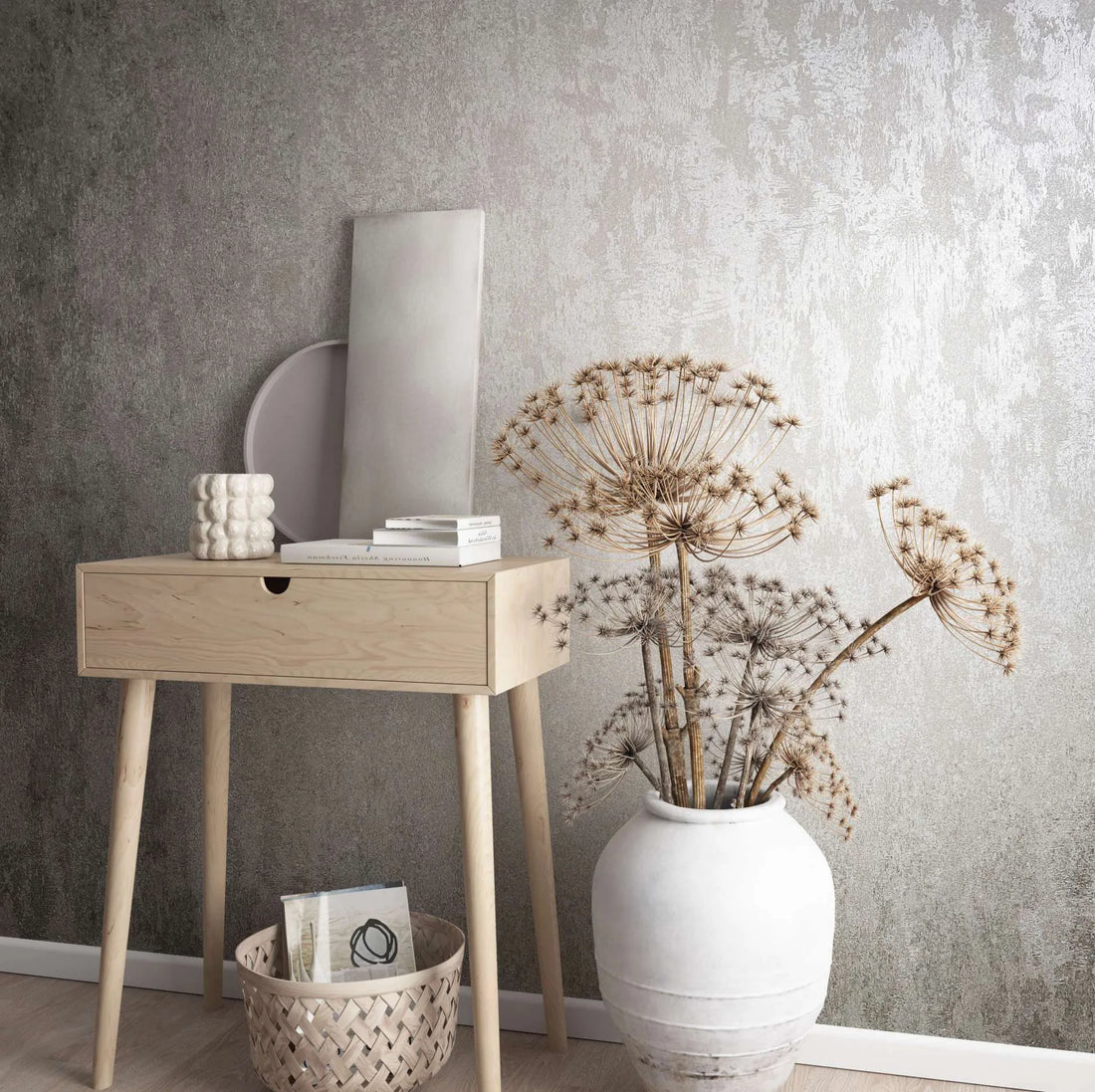 Marburg City Glow 34274 wallpaper with soft concrete-look plaster texture in warm beige and pearl-grey tones.