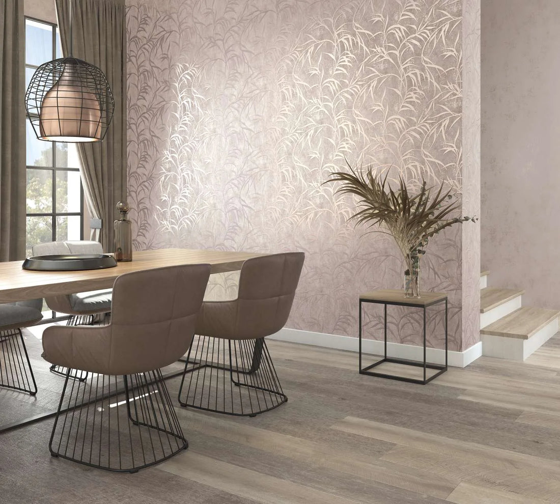 Marburg City Glow 34285 wallpaper with taupe leafy motif on warm beige concrete-look background